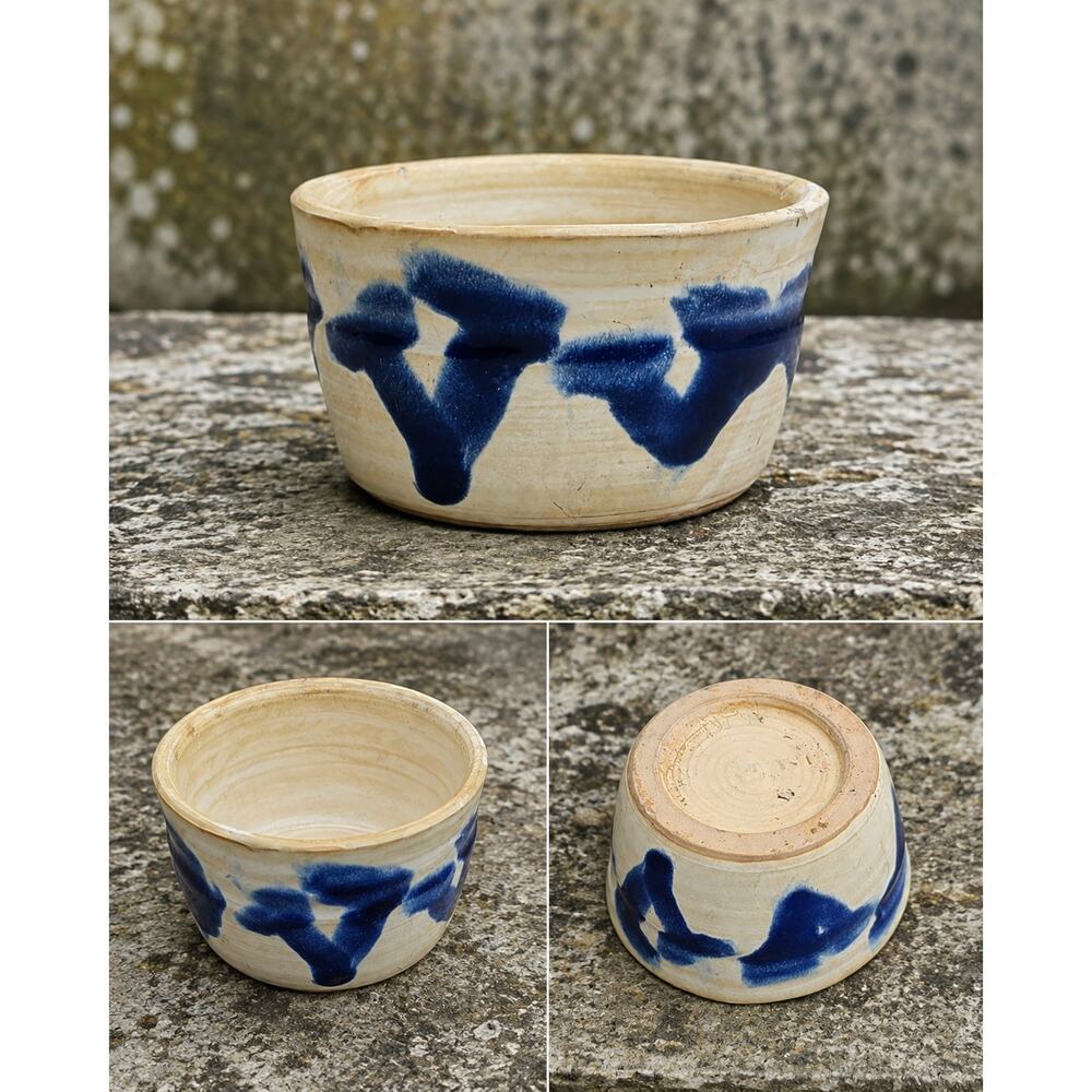 Handmade Studio Pottery Bowl Cream Cobalt Blue Abstract Glaze 3.8"